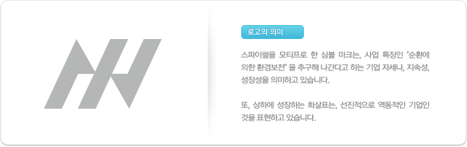 스파이럴을 모티프로 한 심볼 마크는, 사업 특징인 순환에 의한 환경보전을 추구해 나간다고 하는 기업 자세나, 지속성, 성장성을 의미하고 있습니다. 또, 상하에 성장하는 화살표는, 선진적으로 역동적인 기업인 것을 표현하고 있습니다.